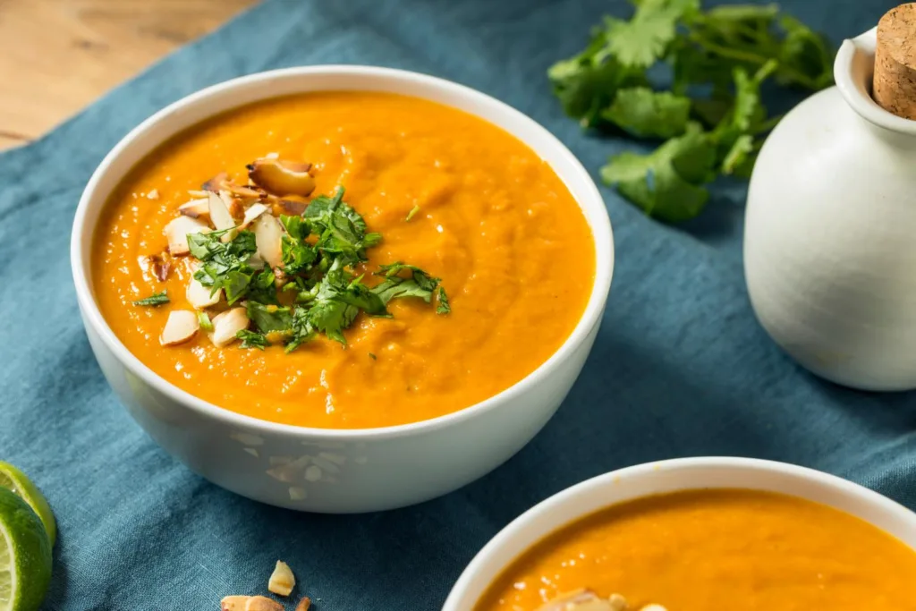 Thai Curry Soup with Sweet Potato and Carrot soup is sure to satisfy your cravings and warm you up from the inside out.